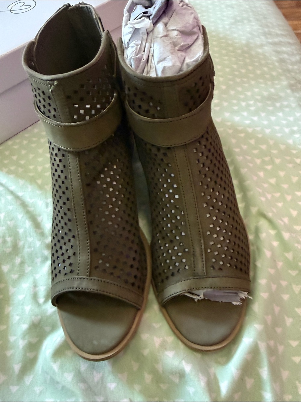 Coldwater Creek Olive Green Perforated Peep-Toe Mules